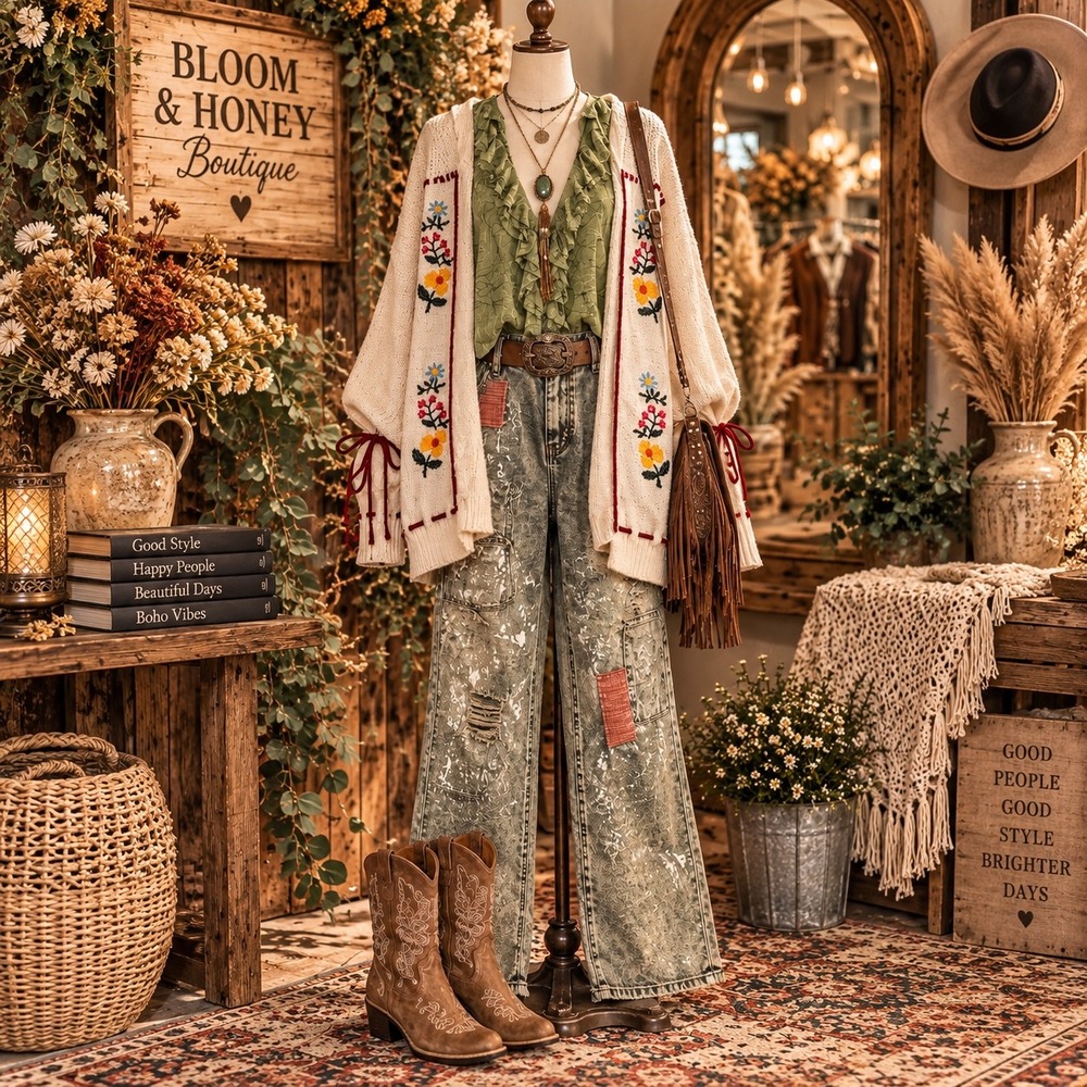 282.New POL Cream Floral Embroidered Oversized Cardigan Sweater Boho Ribbon L